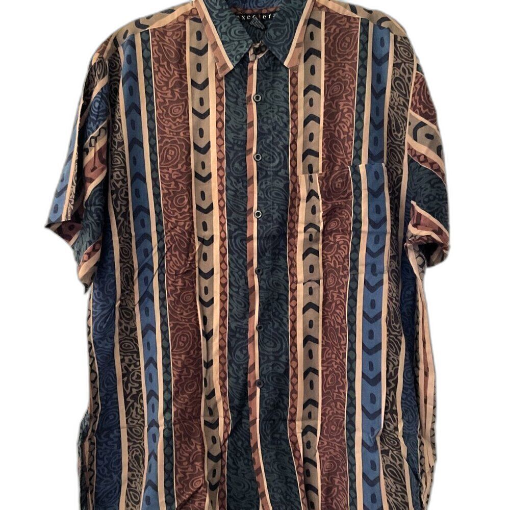 Vintage 90s Geometric Tribal Hawaiian Shirt Men's Large Blue Brown Abstract